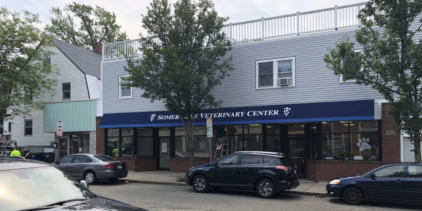 Somerville Veterinary Center storefront with its blue awning on Highland Avenue