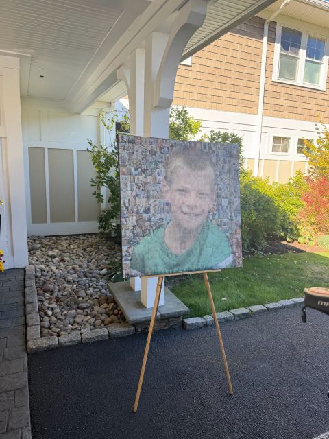 A photo mosaic portrait of Kevin Callanan on an easel at the Kev Classic